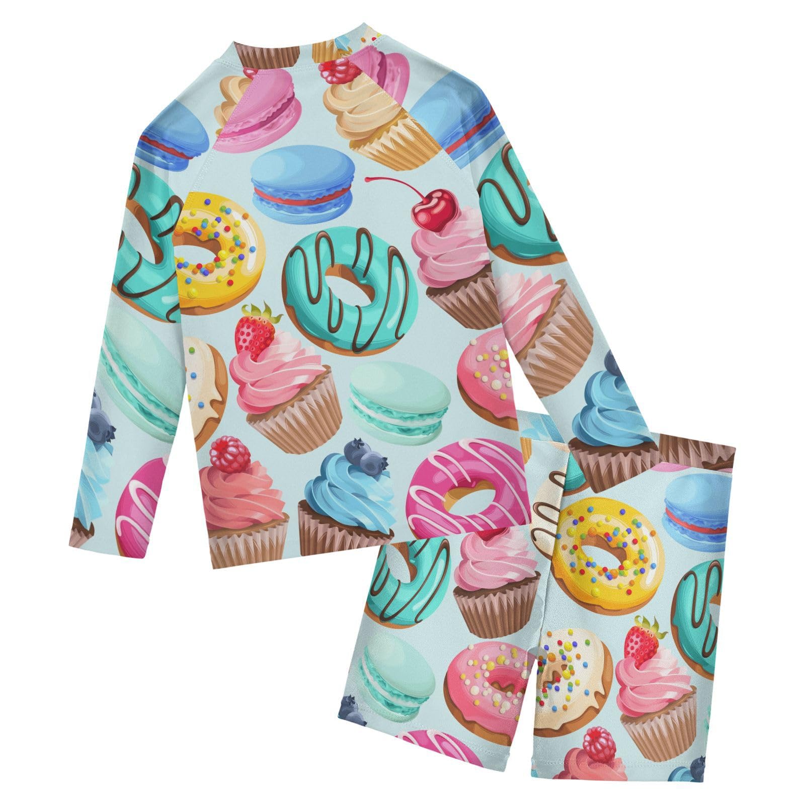 Aflyko Kids' Bathing Suit Set Cupcake Icecream Macaron Sweet Long Sleeve Swim Tops with Shorts Summer Vacation Pool Party Rashguard Fun Cute Infant Beachwear, 4T Multicoloured
