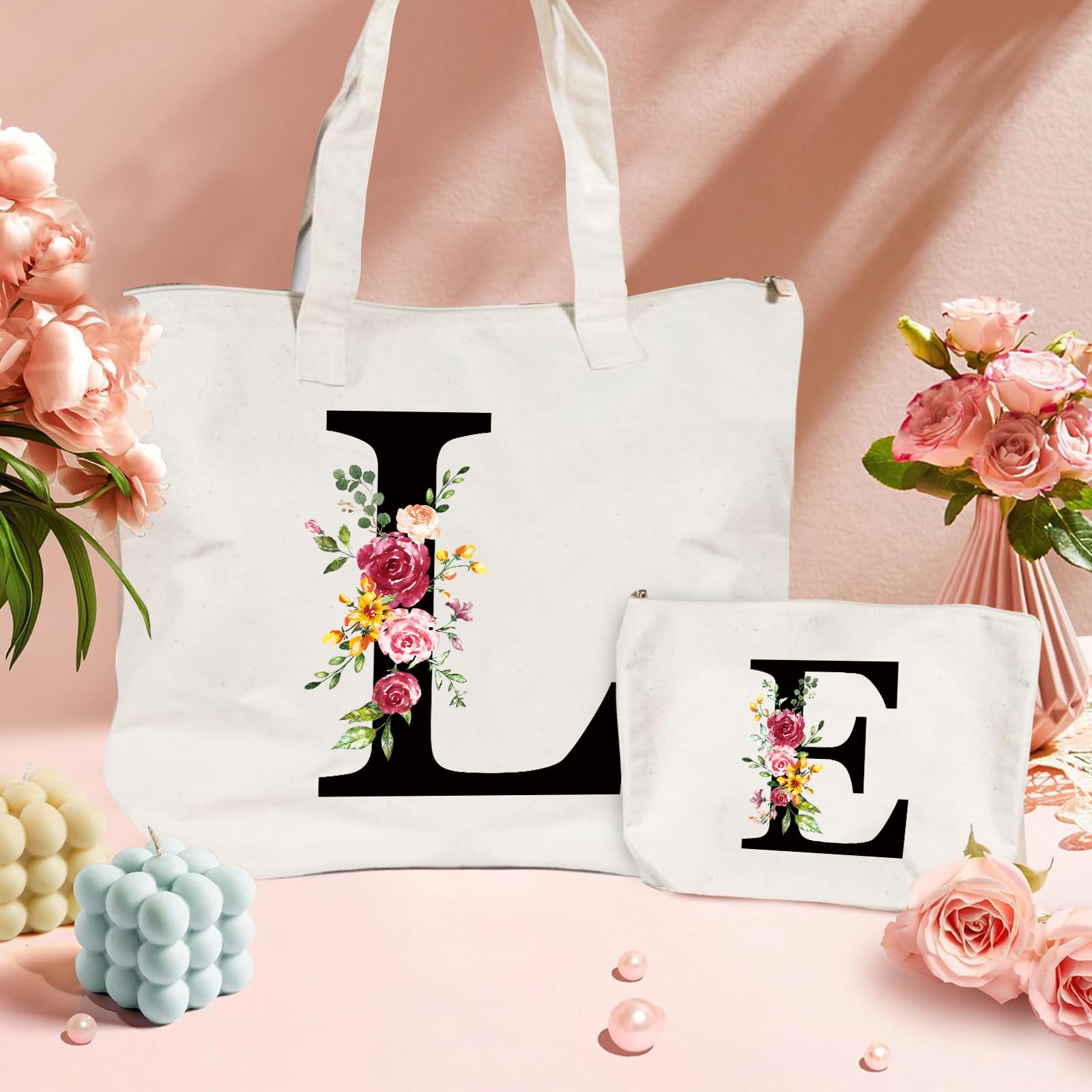Linnen tas met initialen voor dames met letters en bloemen, shopper van katoen, canvas, cosmetica voor bruid en bruidsmeisje, cadeau-idee voor moeder, verjaardag, bruiloft (L