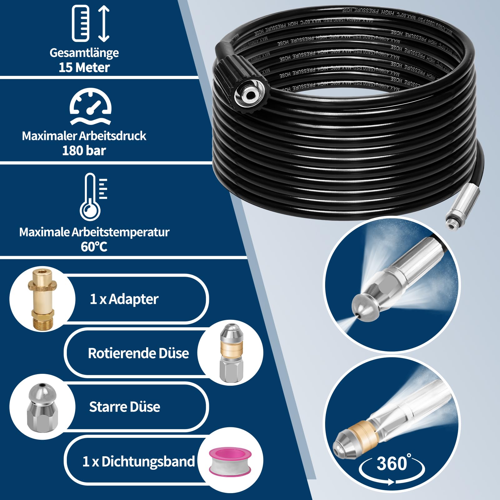 15M Rohrreinigungsschlauch Set,180Bar 60°C,inkl.Düsen starr + rotierend,1 Adapter kompatibel mit K2 K3 K4 K5 K6 K7 Hochdruckreiniger Universal Rohrreinigungsset