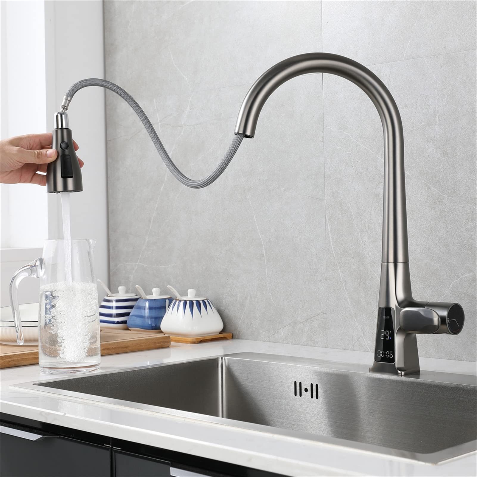 Grifo de Cocina extraíble, Monomando, función Dual, con Sensor de Agua fría y Caliente, telescópico, Mezclador para Fregadero de Cocina