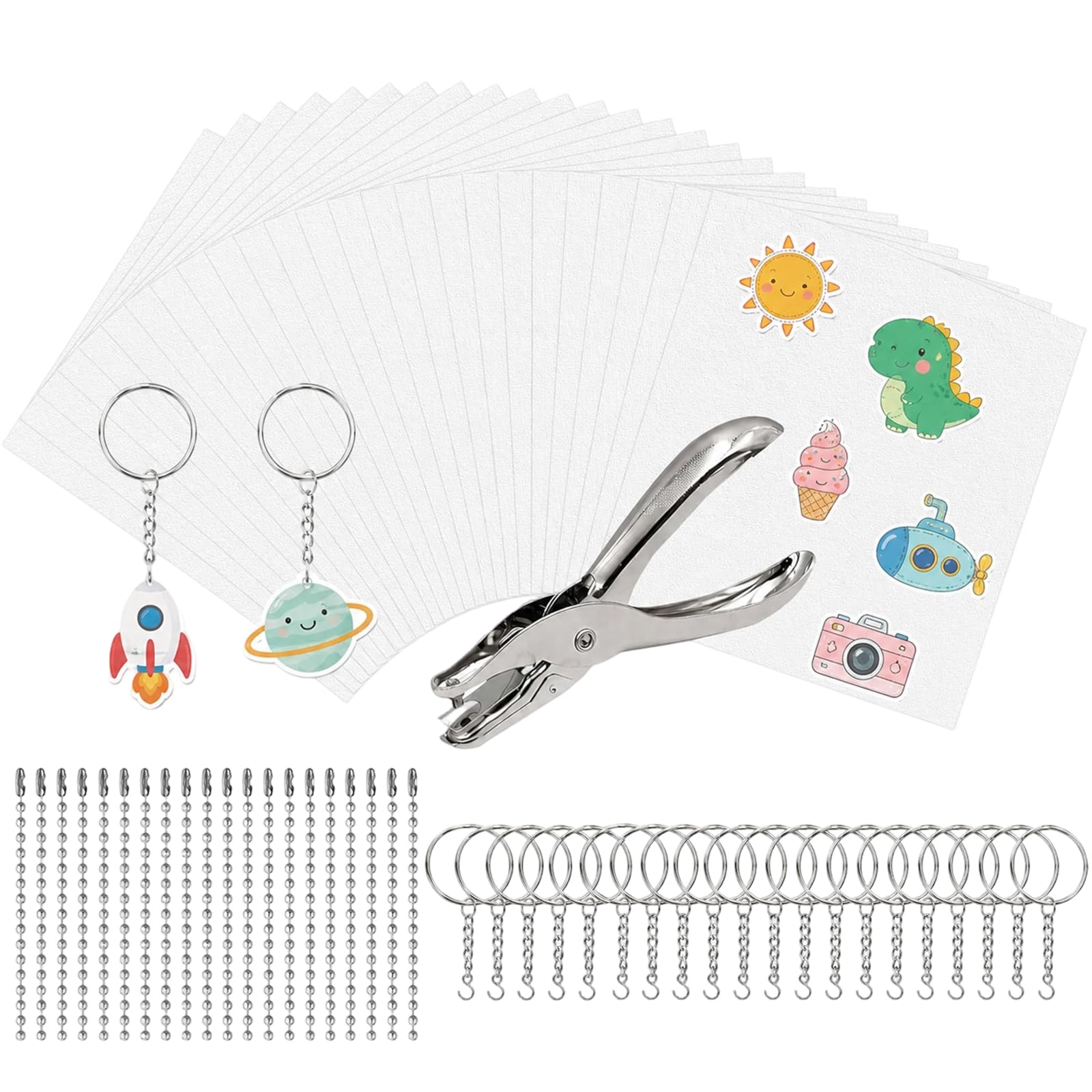 61 Teile Schrumpfpapier Set, Schrumpffolie Set Schlüsselanhänger, DIY Kreativset für Bastelprojekte, Komplettes Set mit 6 mm Lochstanzer und Zubehör für persönliche Accessoires