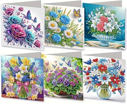 MaiYiYi 6 Pack DIY Flower Butterfly Diamond Art Greeting Cards, Lily Diamond Painting Greeting Cards Kit, Daisy Diamond Art Cards with Envelopes for Family Friends Holiday Birthday