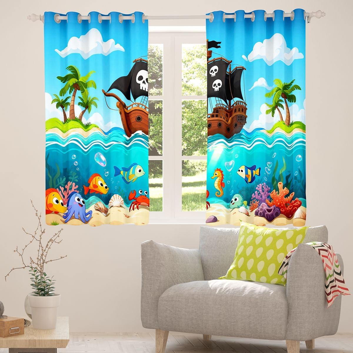 Castle Fairy Pirate Ship Window Curtains Cartoon Fish Crab Wild Sealife Window Drapes for Kids Boys Girls Blue Sky Sea Tropical Coconut Trees Curtains for Living Room 2 Panels 52Wx96L
