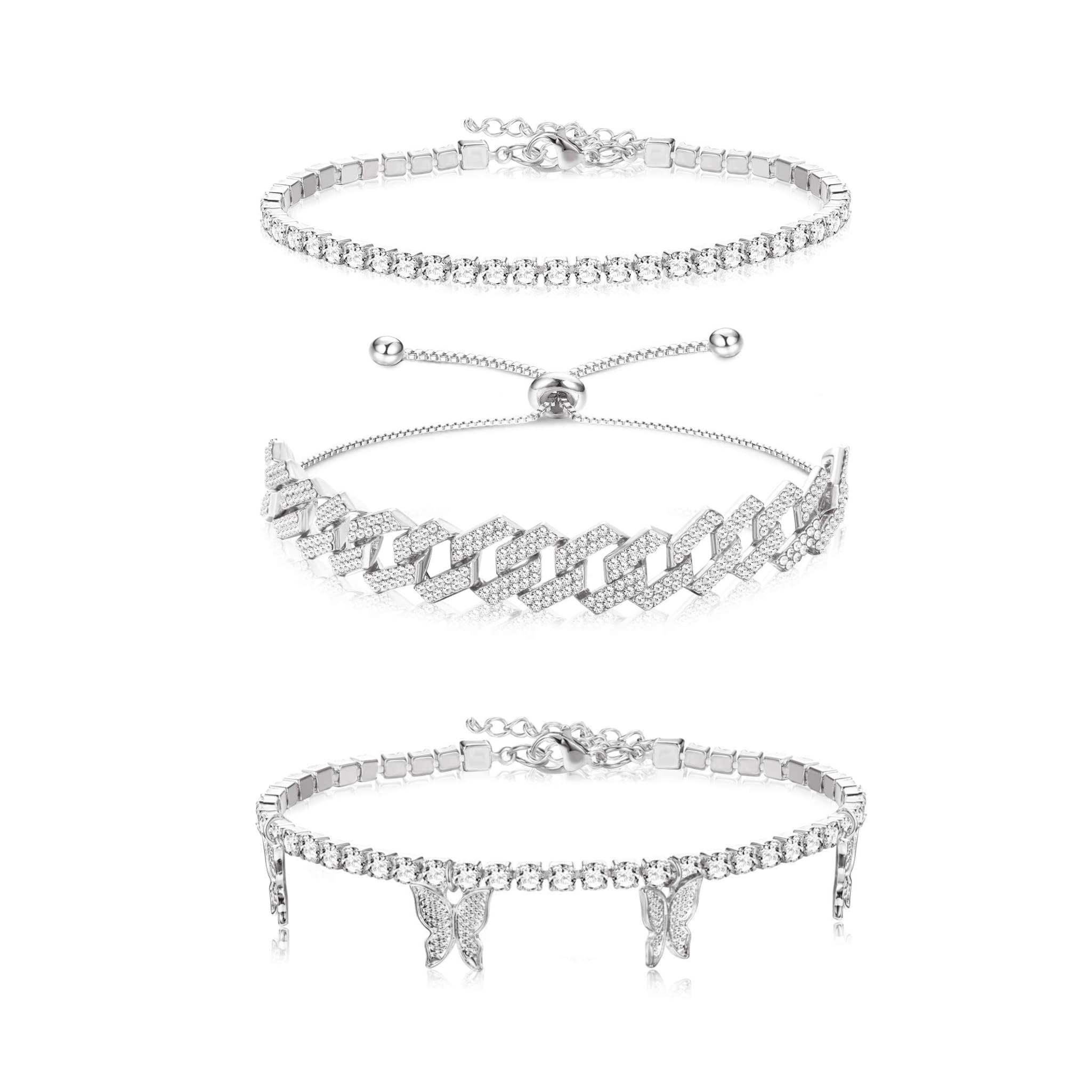 MAKINGTECMAKINGTEC Rhinestone Ankle bracelets for Women, Three Styles Ankle Chains Bracelet, Figaro/Cuban/Paperclip, Adjustable Beach Women's Foot Chain Jewelry, Holiday Wedding Chain Jewelry (7.87in Silver)