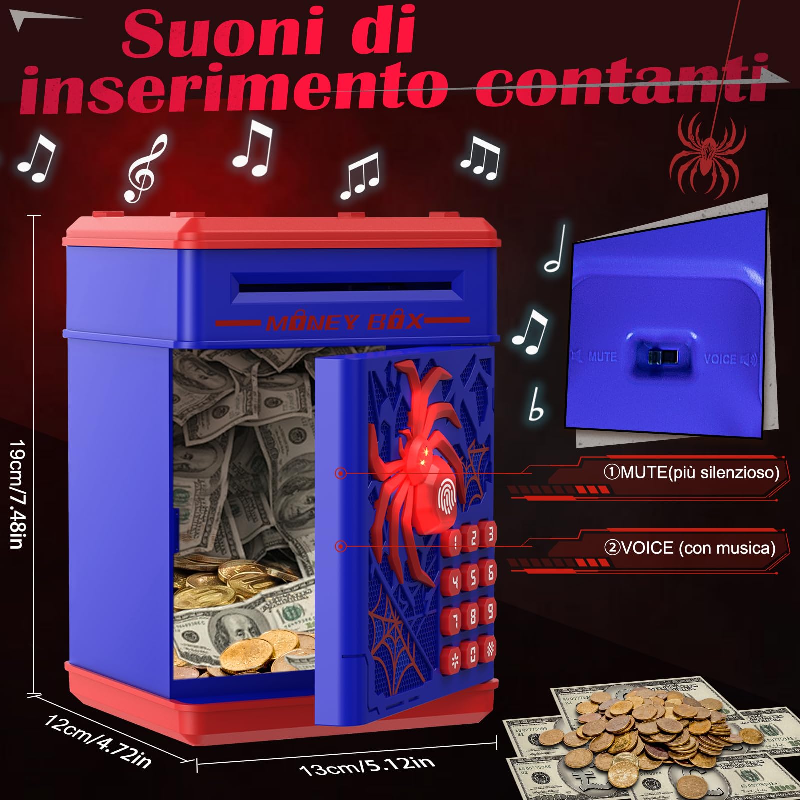 Yellcetoy Salvadanaio Elettronico per Bambini, Spider Cassaforte con Codice di Sicurezza e Musica, Compleanno Regali di Natale per Ragazzi Ragazze 3 4 5 6 7+ anni Blu