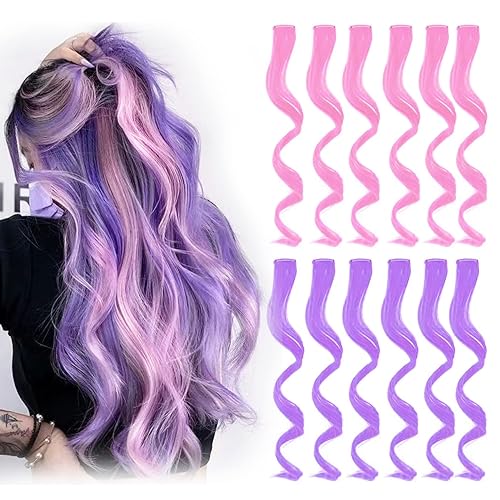 Extensiones de cabello con clip de colores, 12 piezas para mujeres, niños y niñas, 16 pulgadas, ondulado, rizado, reflejos de fiesta (6 morado