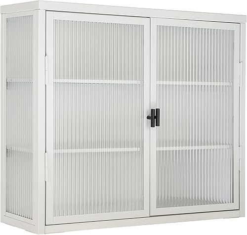 AOCOROE Armario de baño montado en la pared con 2 puertas de vidrio, 3 estantes de metal, armario colgante de metal, armarios de pared con puertas y