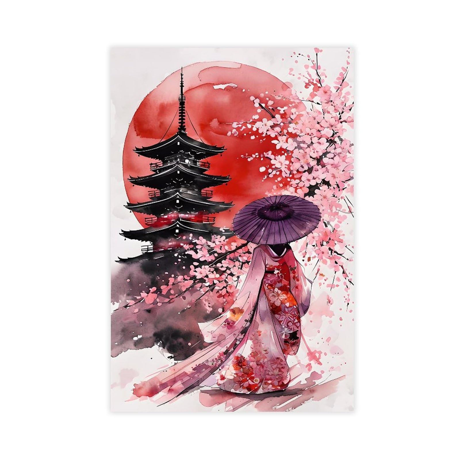 Qnvjqkdsi Unframe Japanese Pagoda & Geisha Sakura Cherry Blossom Watercolor Art Canvas Poster Bedroom Decor Landscape Office Room Decor Gift 24" L X 36" W
