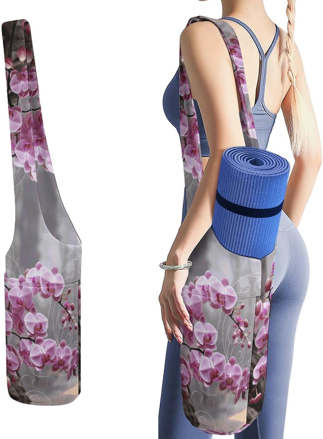 Pink Orchid Yoga Mat Bag Canvas Long Tote Yoga Mat with Water Bottle Pockets Large Travel Gym Bag Multi-Functional Fitness Storage Bag Carrier Holder Bag