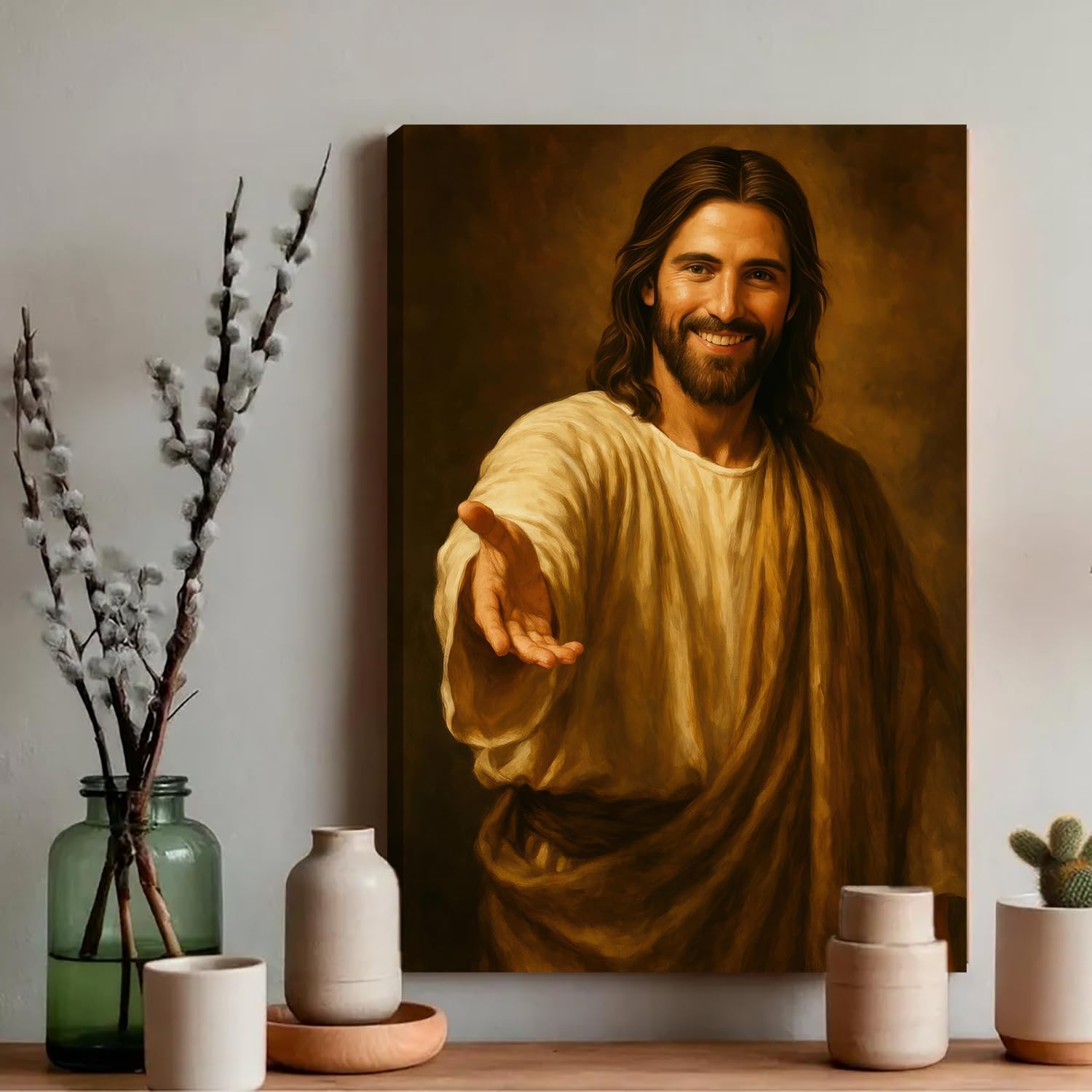 Jesus Smiling Reaching Canvas Wall Art Decor, Christain Savior Painting Poster, Jesus Laughing Holding Out His Hand Pictures for Wall Living Room Bedroom Church Home Decoration 16*24 in (Stretched Canvas on A Wooden Frame)