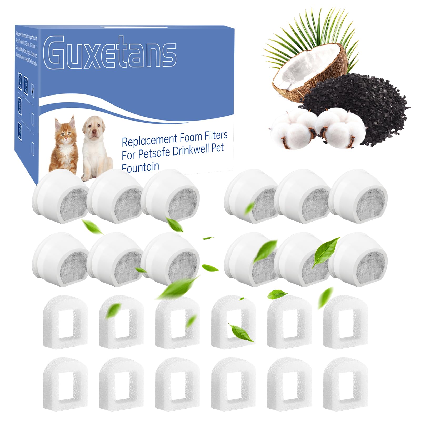 Guxetans 24Packs Pet Water Fountain Filters,12pcs Replacement Carbon Filter for PetSafe Drinkwell Fountains &12pcs Replacement Foam Filters for Pet