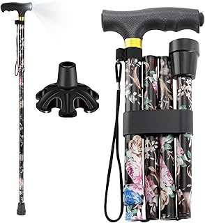 Walking Cane ATMTV Walking Cane for Women, 5-Level Height Adjustable Walking Cane with Light, Comfortable Plastic T-Handle Portable Walking Cane Folding Cane for Senior Balance