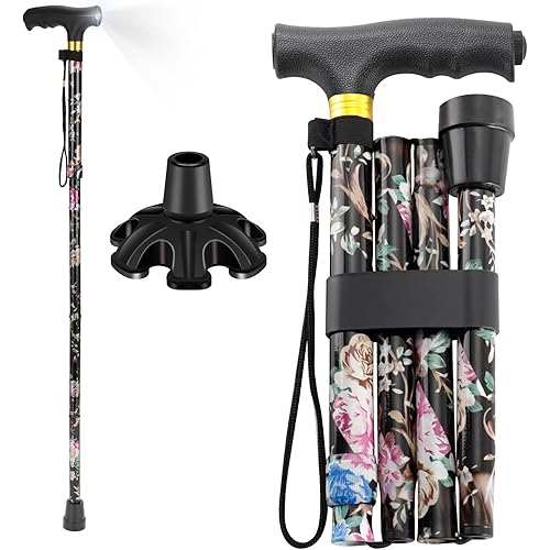 Walking Cane ATMTV Walking Cane for Women, 5-Level Height Adjustable Walking Cane with Light, Comfortable Plastic T-Handle Portable Walking Cane Folding Cane for Senior Balance