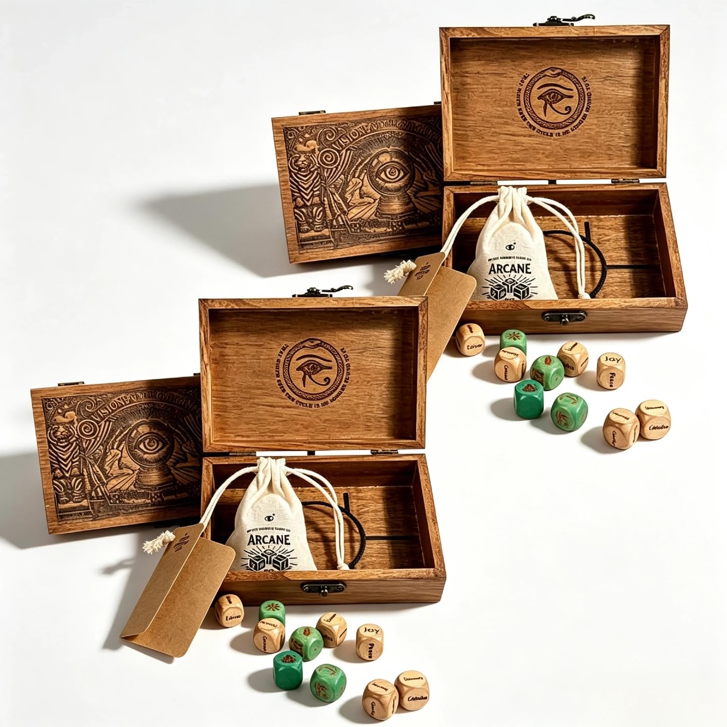 Set di Dadi Divinatori Arcani con Scatola in Legno Incisa per Oracolo Riti | Amplificatore di Intuizione Artigianale, Completo di 10 Dadi per Profonda Comprensione Simbolica e Guida Quotidiana