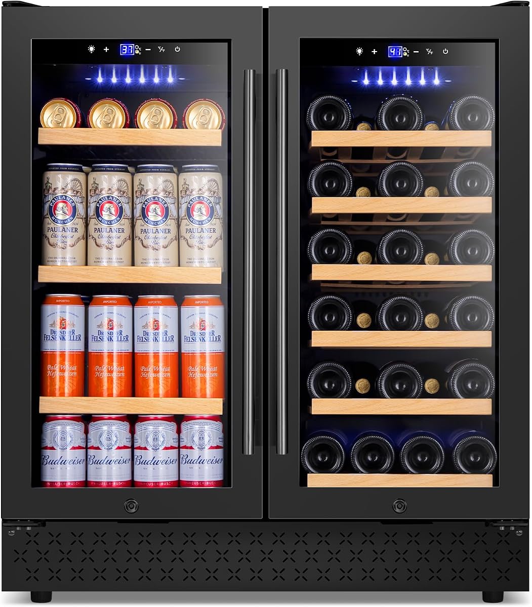 30" Dual Zone Wine and Beverage Refrigerator Quiet Black | 29 Bottles + 110 Cans, Built-in/free, touch screen, temp memory, glass+lock, <38dB