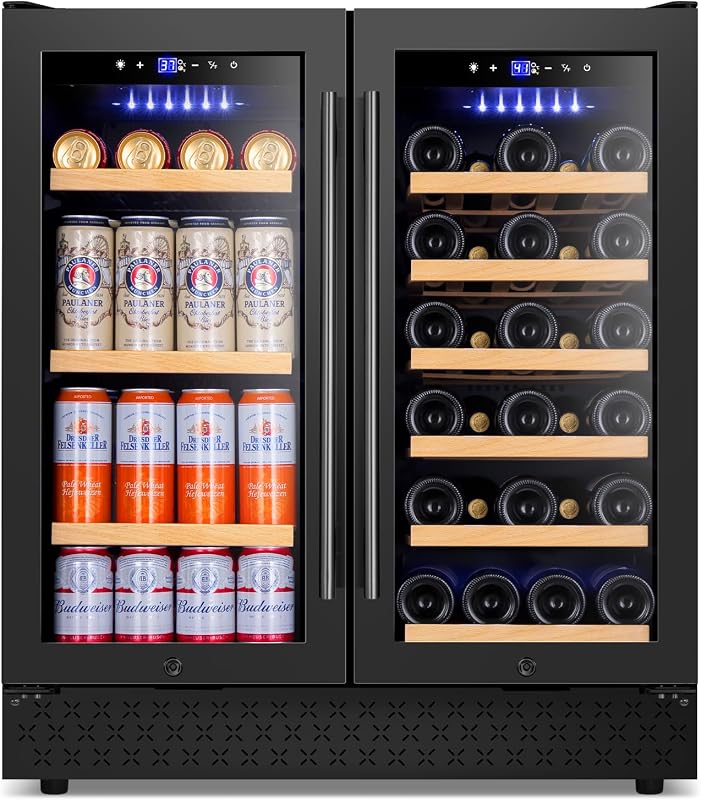 30" Dual Zone Wine and Beverage Refrigerator Quiet Black | 29 Bottles + 110 Cans, Built-in/free, touch screen, temp memory, glass+lock, <38dB