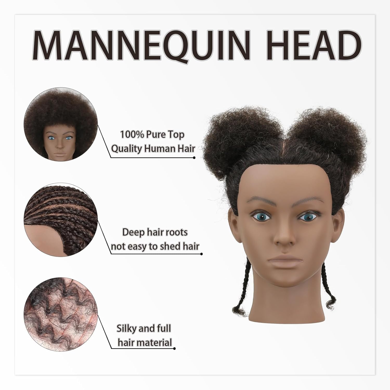 Afro Kinky Curly Mannequin Head - 100% Human Hair for Braiding, Styling & Cutting - Salon Training Head with Stand for Coloring, Bleaching & Updos