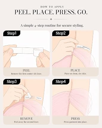 VOCH GALA Double Sided Tape for Clothes and Fashion, 100 Strips | Secure Hold, PE Easy Peel, Less Residue on Delicate Fabrics, Hypoallergenic for Sensitive Skin, 100 Pre-Cut Strips