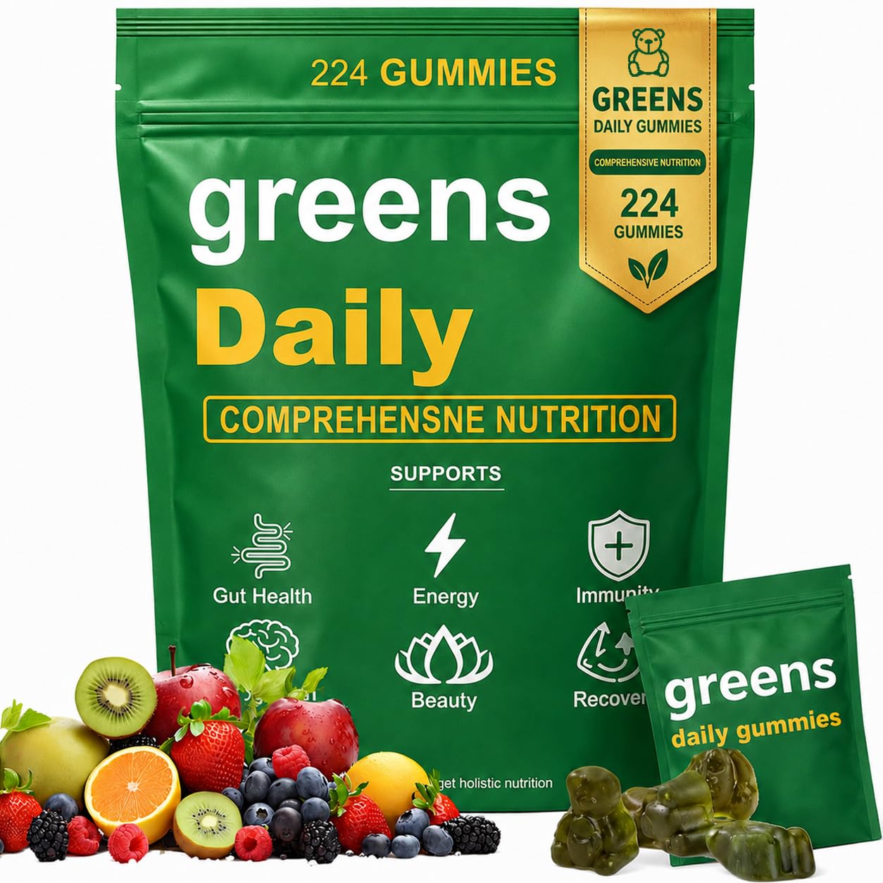 Greens Daily Gummies - Organic Chlorella and Spirulina, Digestive & Gut Health, Formulated with 60+ Ingredients, Multi-Vitamins & Minerals, Daily Gummies, 224 Gummies Bear