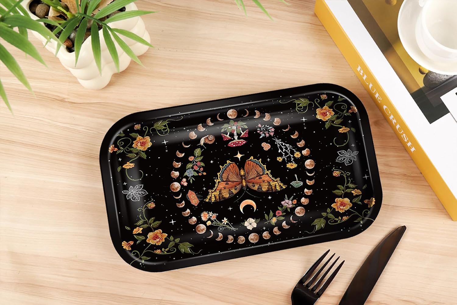 Metal Tray with PVC Soft Magnetic Lid, 11" x 7" - Large Storage Decorative Tray for Home Decor, Coffee Table, Tea, Snacks, Gifts (Butterfly Floral)