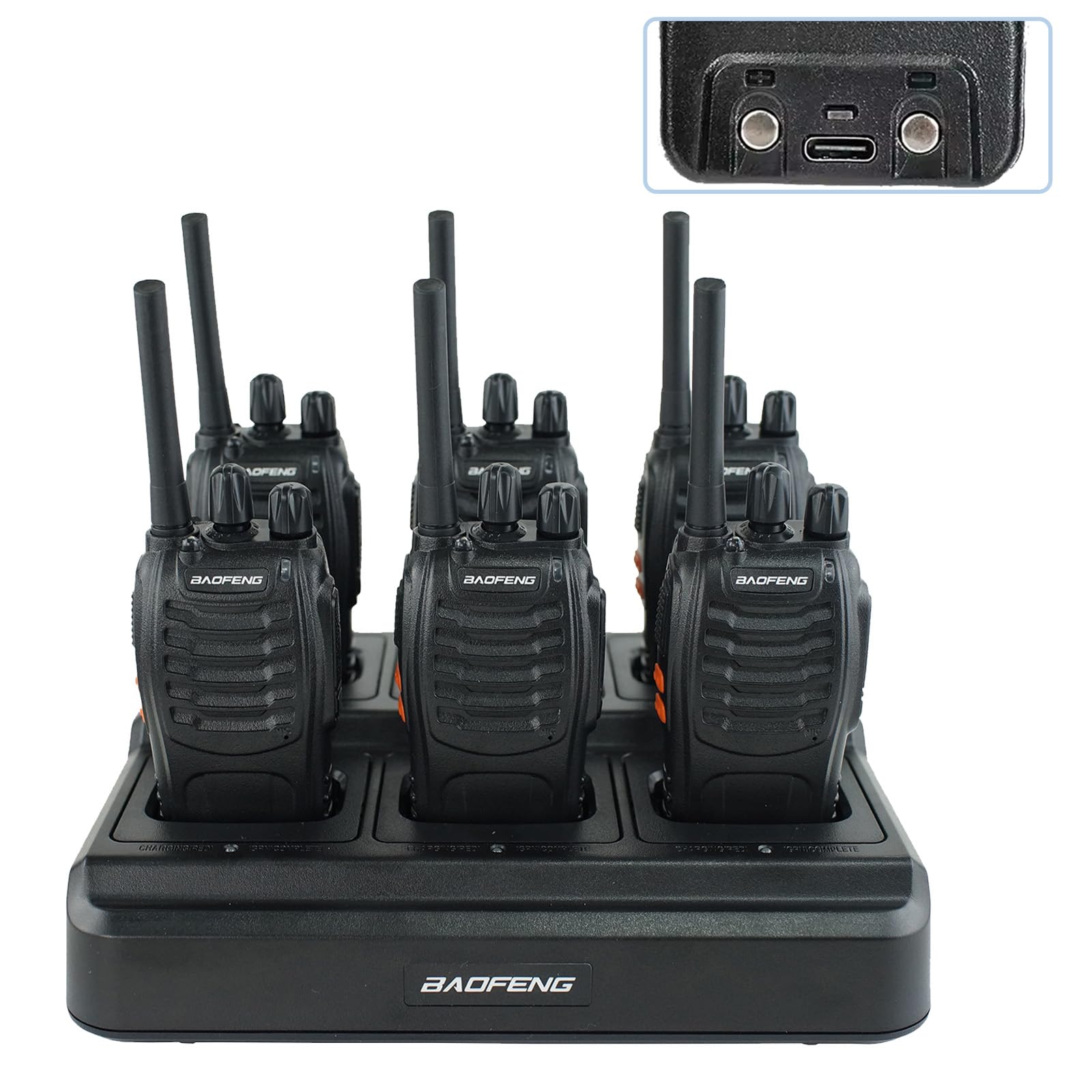 BAOFENG BF-888S Plus Walkie Talkie Long Range Handheld Two-Way Radio,16 Channel Wireless Copy Frequency Walkie Talky,with 6 Way Charger USB-C Charging, for Team Business Cruise（6 Pack,Black）
