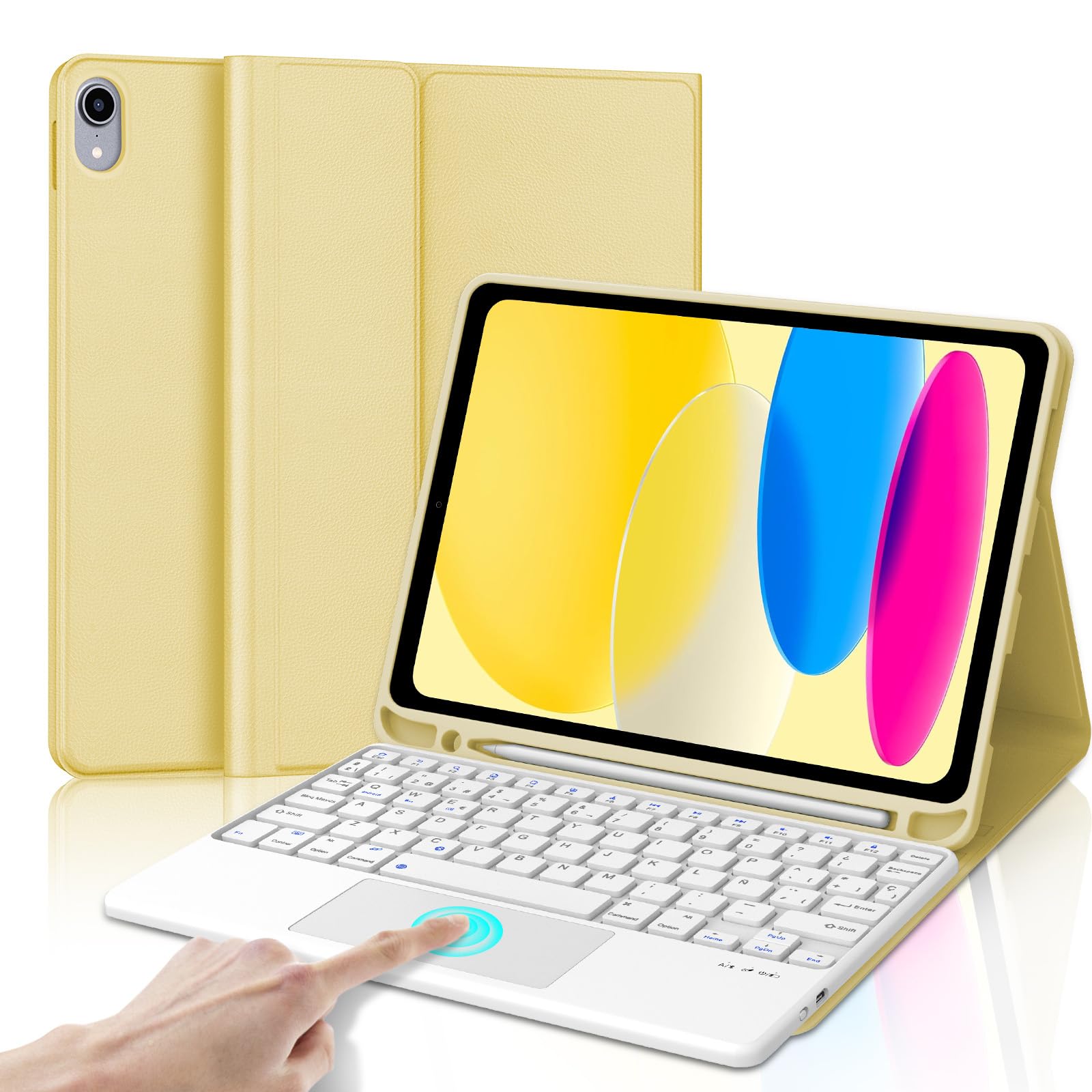 Funda Teclado para iPad A16 11 Generación 2025/10 Gen 2022 11/10.9 Pulgadas | Keyboard Touchpad, QWERTY Español Ñ, Bluetooth Magnético Desmontable Teclado Trackpad con Portalápices, Amarillo claro