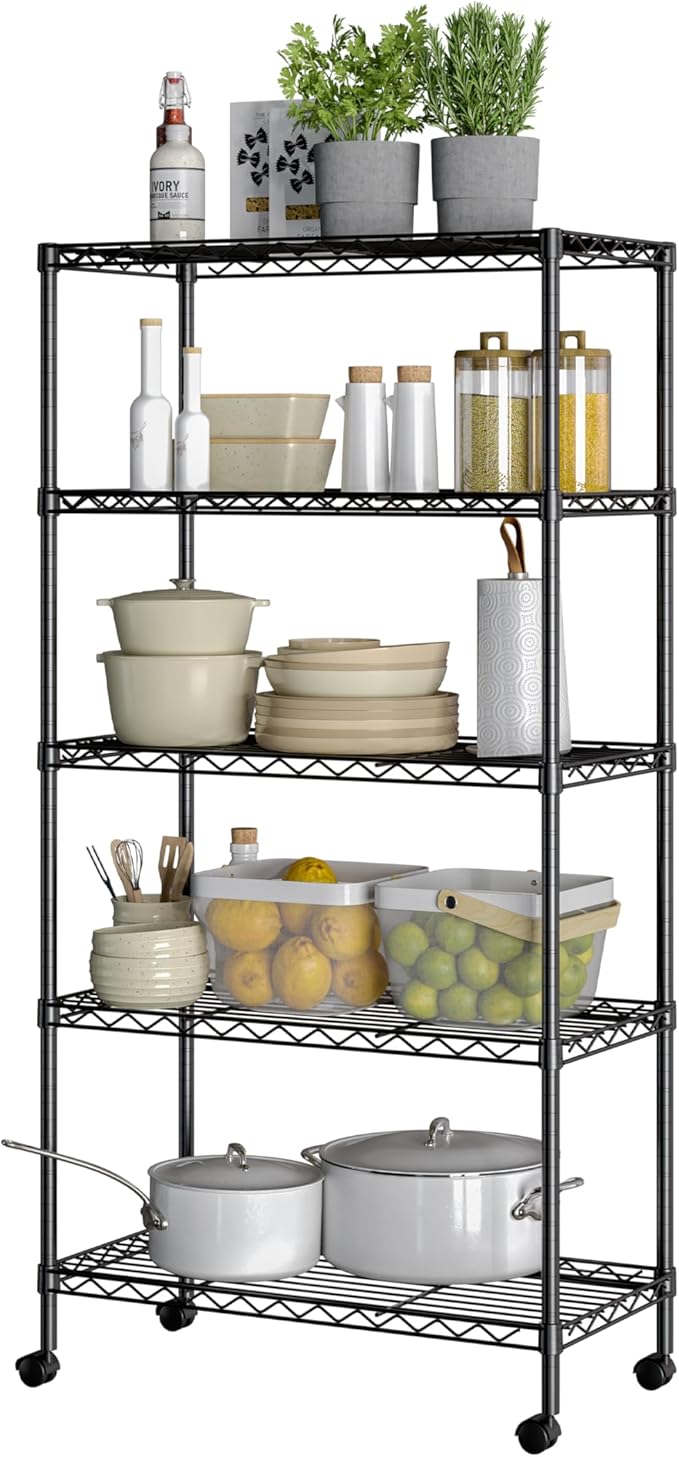 Seville Classics Solid Steel Wire Shelving Storage Unit Adjustable Shelves Organizer Rack, for Home, Kitchen, Office, Garage, Bedroom, Closet, Black, 5-Tier, 30