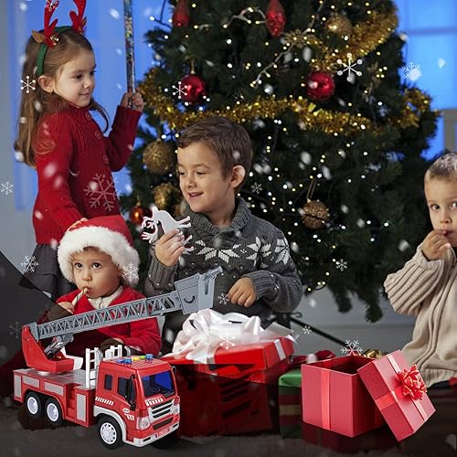 Miniatura 6 de DAMEING Camiones de bomberos para niños juguetes realistas con luces y sonidos para niños vehículos inerciales alimentados por fricción autos de