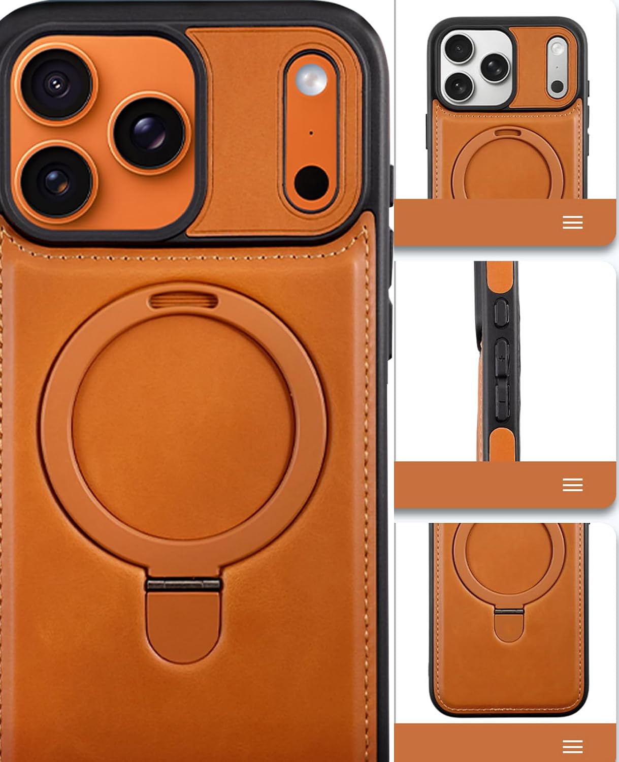 for iPhone 17 Pro Leather Case with Magnetic Ring Holder,[Compatible with Wireless Charging] Luxury Slim Shockproof Non-Slip Protective Kickstand Cover for iPhone 17 Pro (Brown) - Image 4