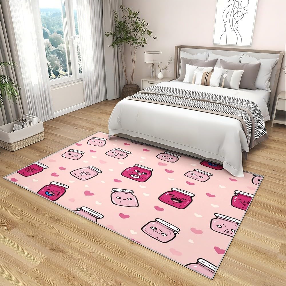 Dywan można prać w pralce, 120 x 180 cm, miękki, antypoślizgowy, jasnoróżowy, do salonu, sypialni, pokoju dziecięcego, pokoju zabaw, na korytarz, uroczy kreskówkowy słoik na dżemy, trwała mata
