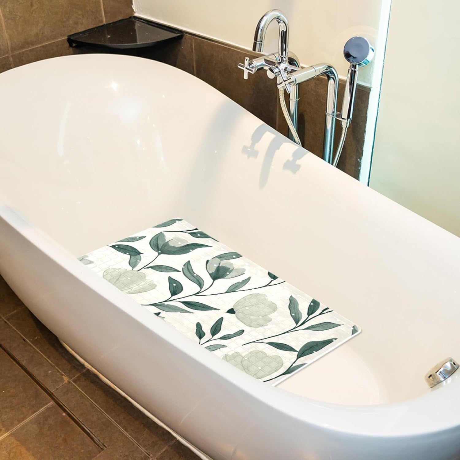 Bathtub Mats for Shower Tub, Sage Green Flowers with Leaves Seamless Pattern Anti-Slip Bath Mats for Inside Tub, Bathroom Shower Mats with Drain Holes and Suction Cups