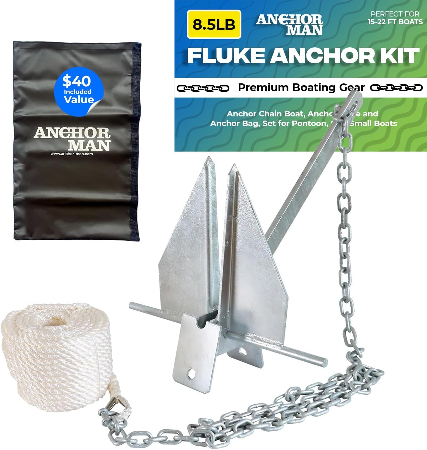 Anchor-Man Premium Boat Anchor Kit, Fluke Style Small Boat Anchor Kit, Includes Sea Anchor Chain, Anchor Rope & Free Anchor Storage Bag
