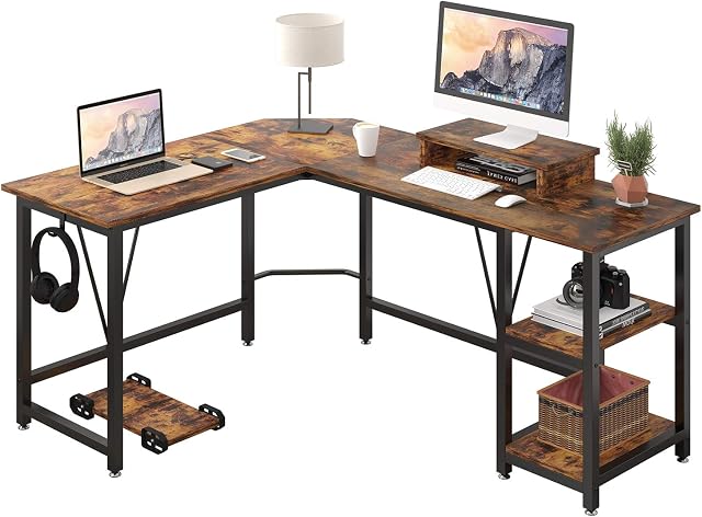 TREETALK Computer desk, L-shaped Corner Desk with 2-Layer Storage,Large PC Laptop Table with Monitor Stand and CPU Stand,Gaming Desk Writing Table for Office Home (Rustic Brown)