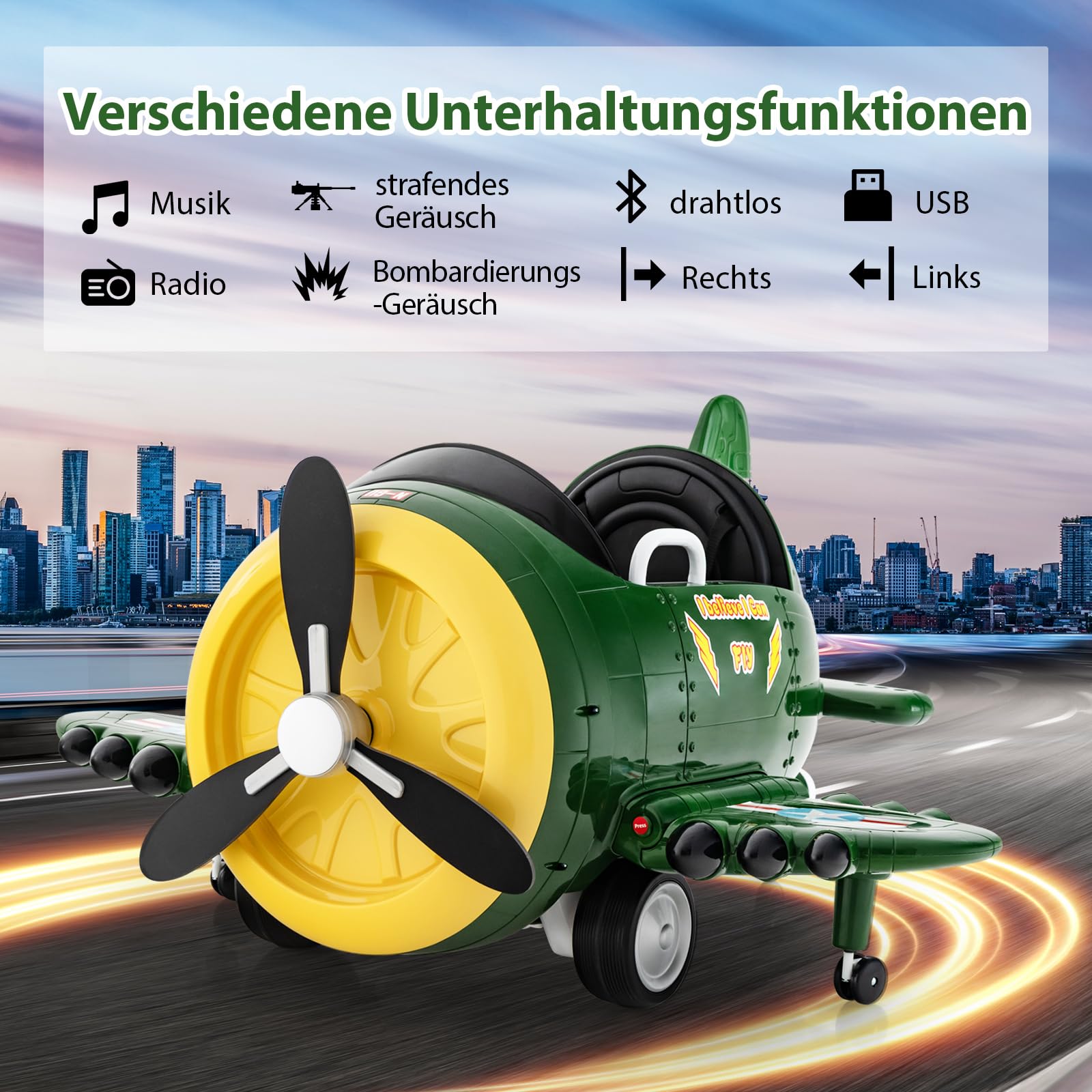COSTWAY Kinder Elektroauto im Flugzeug-Look, Elektroflugzeug Aufsitz mit Fernsteuerung, Kinderfahrzeug mit Joysticks & Tragflächen & Propeller, Elektroauto für Kinder ab 3 Jahren (Grün + Gelb)