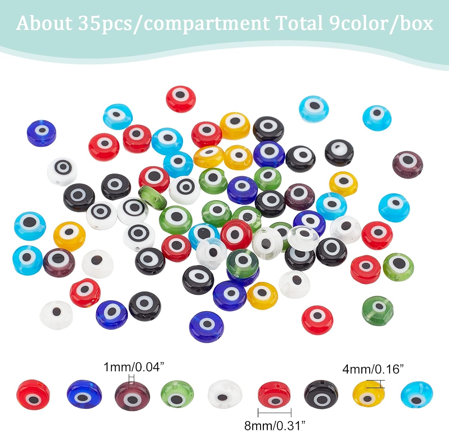 NBEADS 350 Pcs 8mm Lampwork Evil Eye Beads, 9 Colors Real Glass Turkish Beads, DIY Crafts Flat Round Handmade Evil Eye Spacer Beads with Container for DIY Bracelets Necklace Jewelry Making