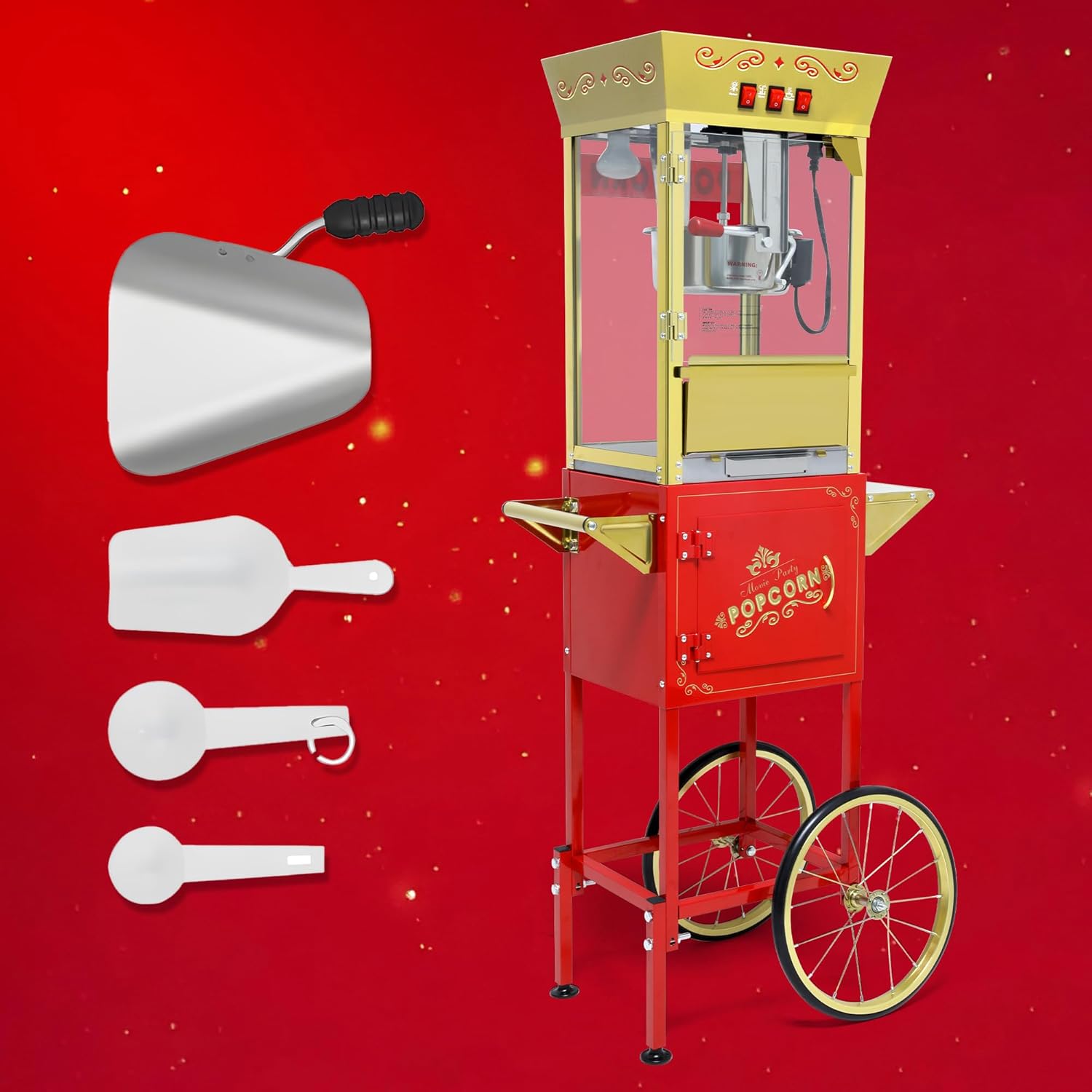 Popcorn Machine with Cart & Wheels 丨 Popcorn Maker with 14OZ Stainless Steel Kettle丨 popcorn popper for Home, Theater, Parties, Red