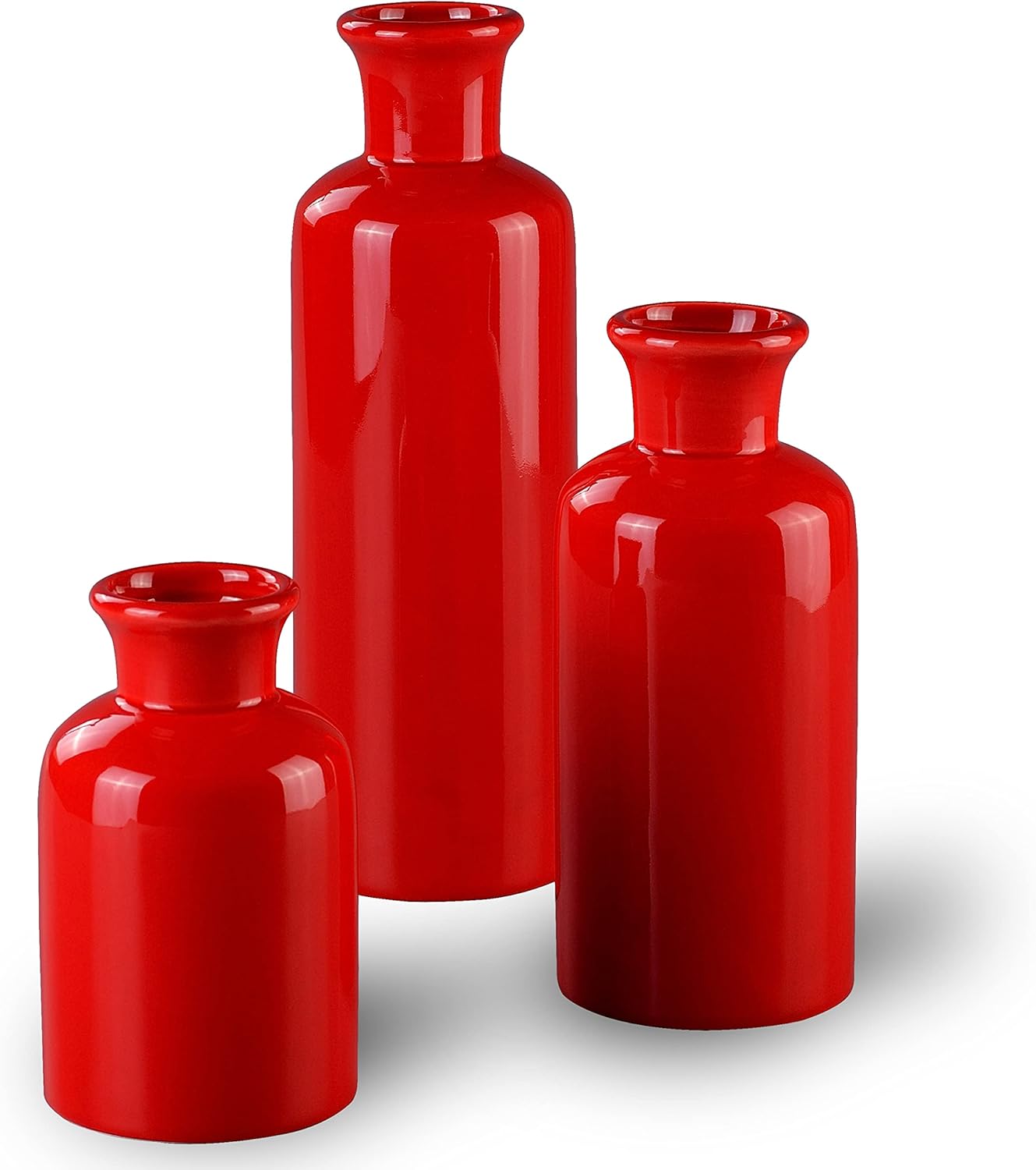 Christmas Red Vase Set of 3 for Decor, Round Bottle Ceramic
