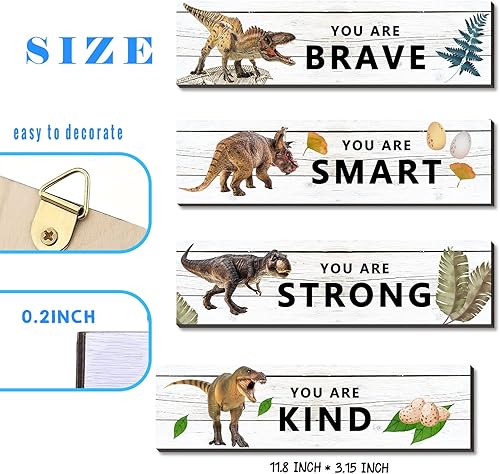 Miniatura 2 de UBLURO 4 piezas de decoración motivacional de dinosaurio para pared, placas colgantes de madera de dinosaurio, decoración de habitación