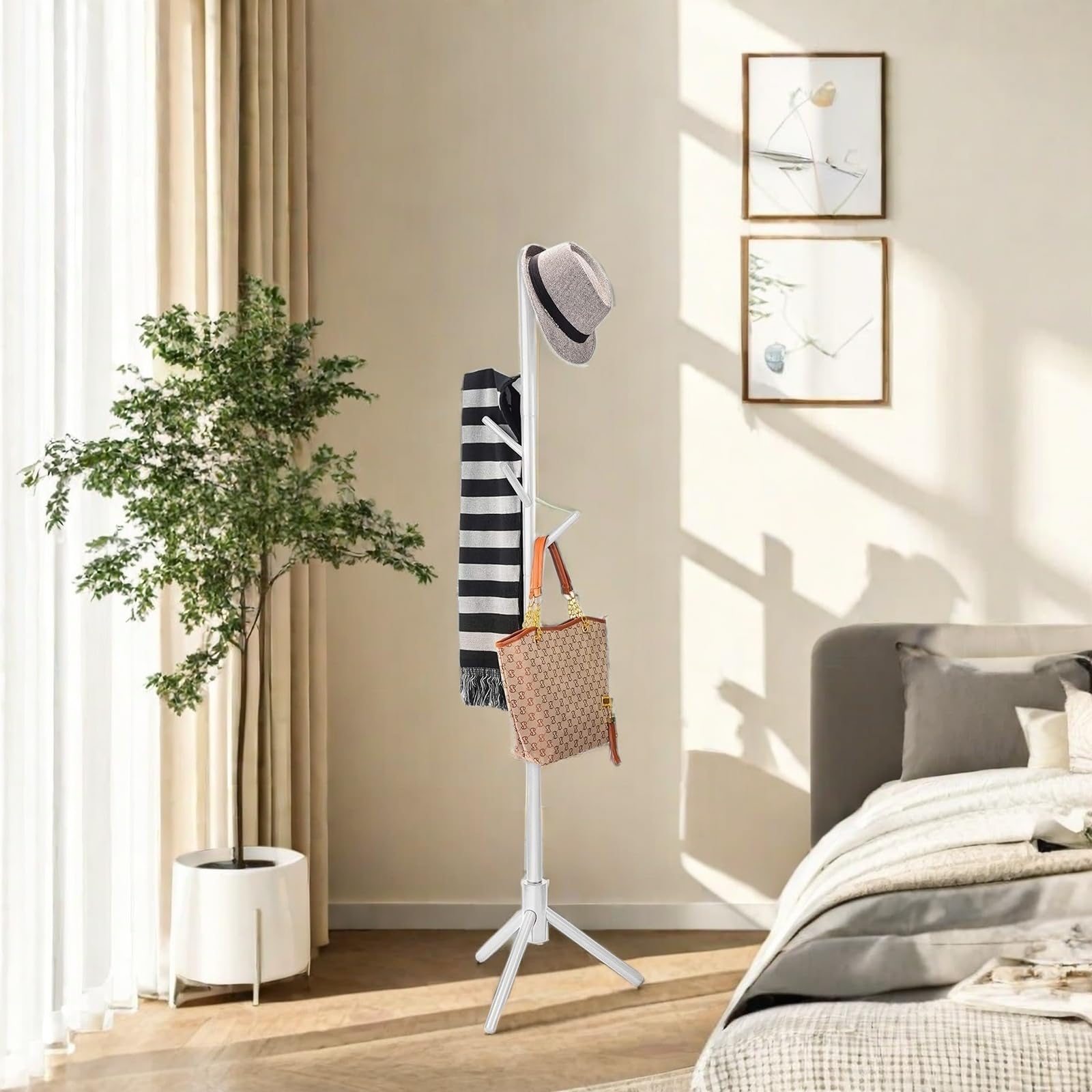Garderobenständer, Kleiderständer aus Massivholz, mit 6 Haken und 3 verstellbaren Größen, Garderobe in Baumform, für Schlafzimmer, Flur, Eingang, Büro, für Hüte, Mäntel, (Weiß
