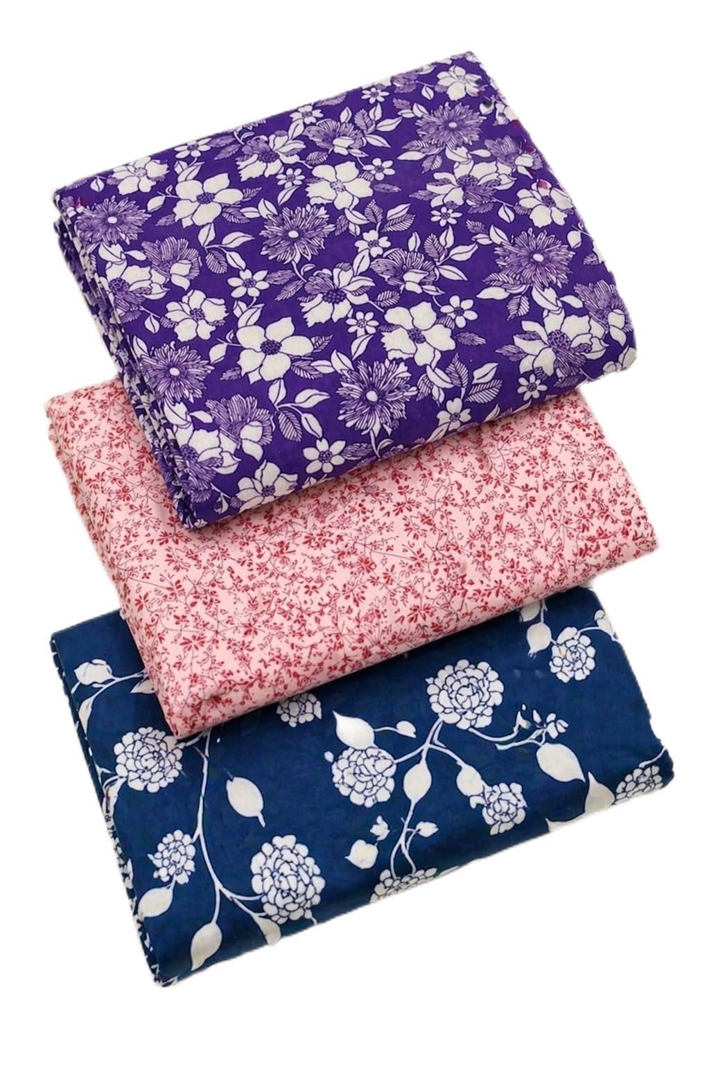 Cotton Printed Kurti Fabric for Women, Floral Print, Purple, Pink and Navy Blue-image-0