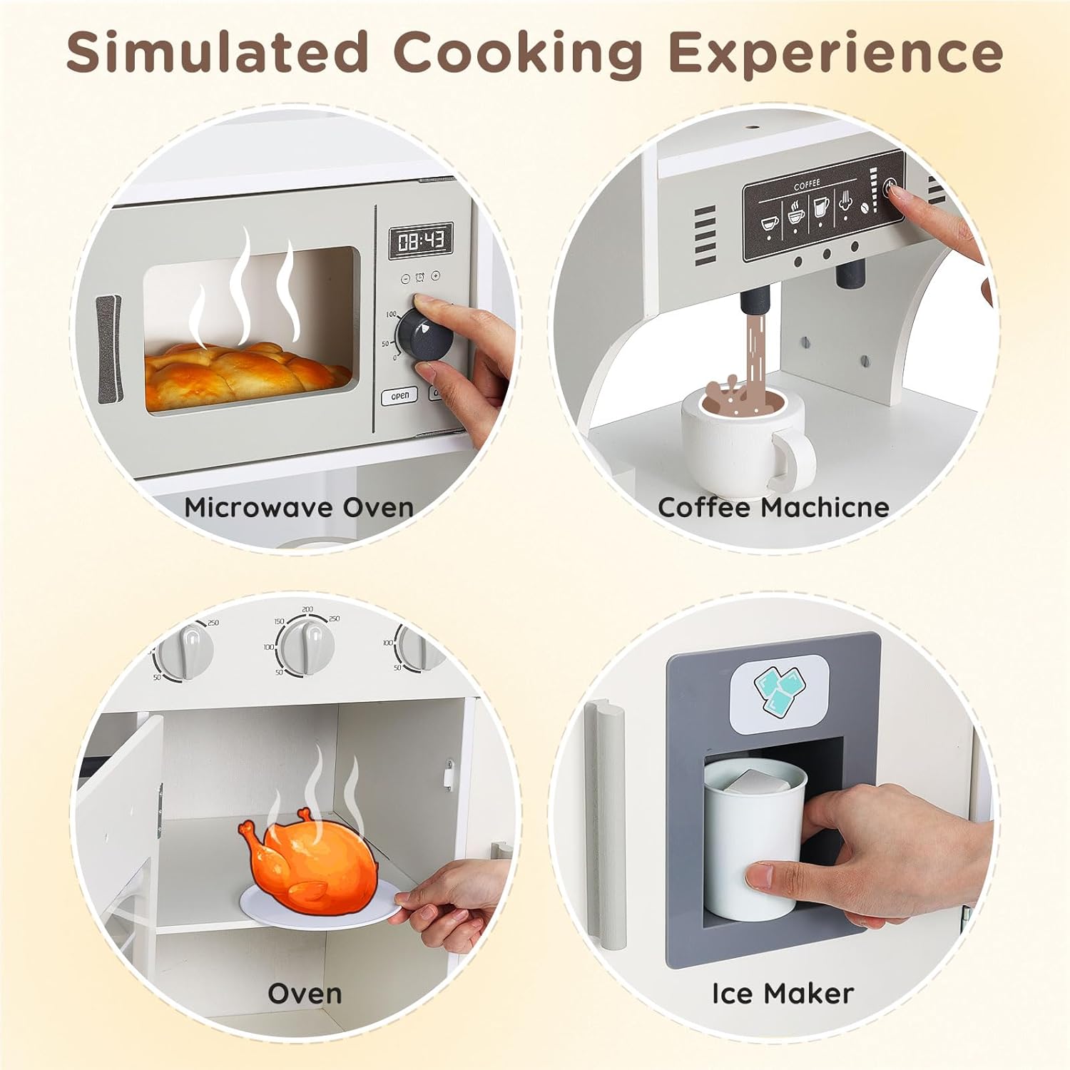 SainSmart Jr. Play Kitchen for Kids, Wooden Kitchen Playset with Lights & Sounds, Ice Maker, Oven & Sink, Trendy Home Style Toy Kitchen, Gift for 3+ Years