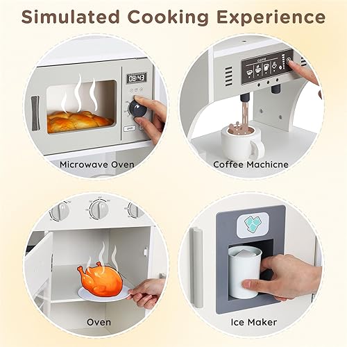 Miniatura 3 de SainSmart Jr. Juego de cocina para niños, juego de cocina de madera con luces y sonidos, máquina de hielo, horno y fregadero, cocina de juguete de