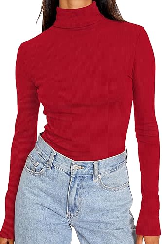 DUOEASE Rollkragenpullover Damen Basic Einfarbig Langarmshirt Damen Herbst Winter Oberteile Rollkragen Langarm Tshirt Elegant Casual Top - XS - Rot