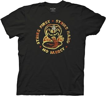 Ripple Junction Cobra Kai Mens Short Sleeve T-Shirt Strike First Strike Hard No Mercy Distressed Logo Officially Licensed
