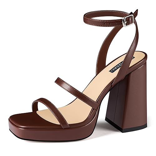 MIRAAZZURRA Platform Strappy Heel Sandals Square Open Toe Two Strap Chunky High Heeled Sandals with Buckle Ankle Strap for Women Party Wedding Dress - 8 - Chocolate