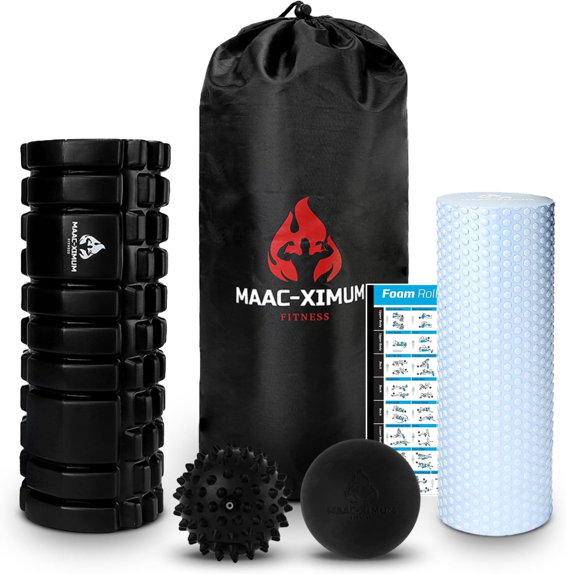 Deep Tissue Massager Foam Roller Set - Hard Trigger Point Roller,Soft Inner Roller, Spikey and Silicone Ball. Relieves Pain in Back, Legs, Feet, Plantar Fasciitis, Shoulders and Neck