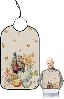 Thanksgiving Turkey Adult Bib for Eating with Crumb Catcher,Washable & Waterproof Terry Cloth Adjustable Elderly Women Men Adult Bibs Funny Clothing Protector Country Rustic Pumpkin Fall Maple Leaves