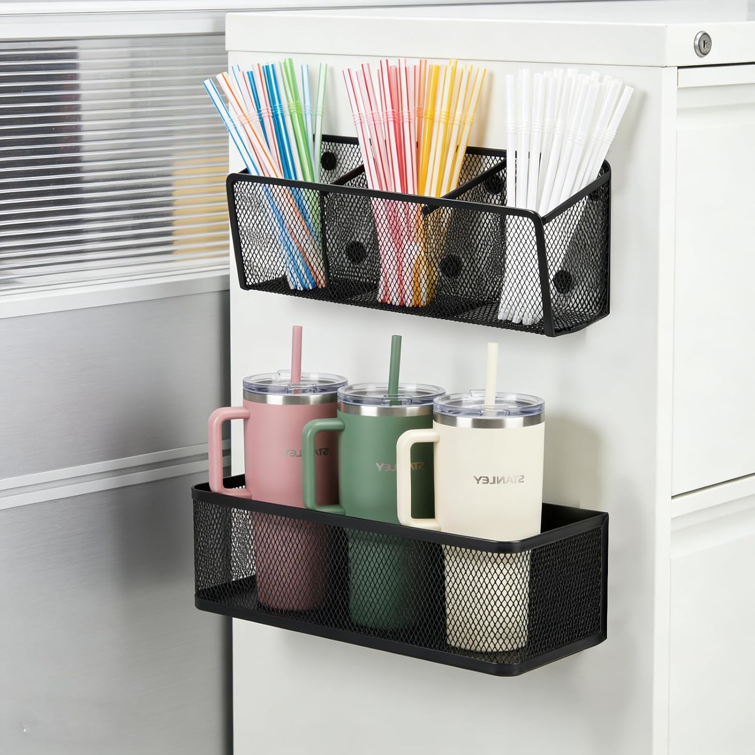 Magnetic Cup Holder Set for Fridge, Stanley 30/40 oz Tumbler Organizer & 3-Slot Straw Caddy, Heavy Duty Carbon Steel Water Bottle Holder, Black - Image 7