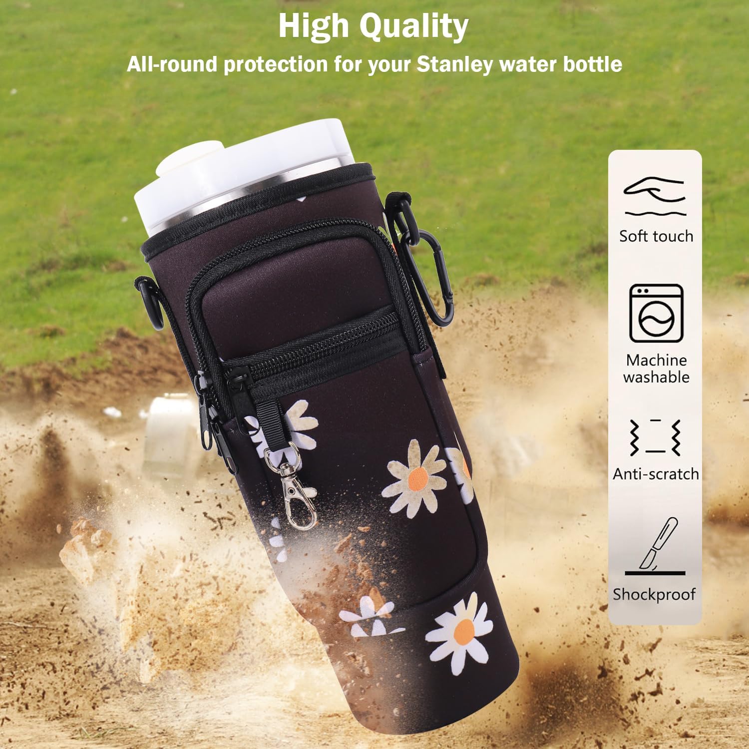 Neoprene Water Bottle Carrier Bag Holder with Phone Pocket & Carabiner - Adjustable Strap for Stanley 30/40 oz Tumblers, Double Zipper Pouch Cup Accessories, Floral Black image 3