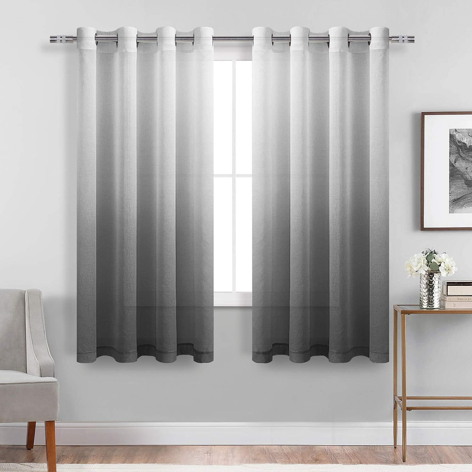 DWCN Grey Damask Ombre Blackout Curtains Bundle Ombre Sheer Curtains, Set of 4 Window Curtain Panels, 52 x 63 Inch Length
